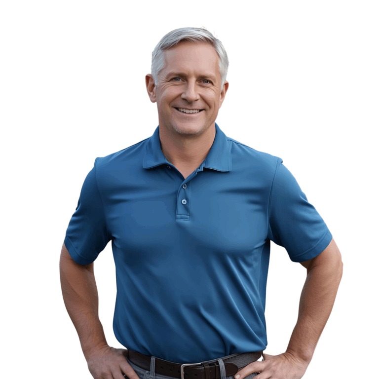 middle aged man who looks younger, healthy and happy